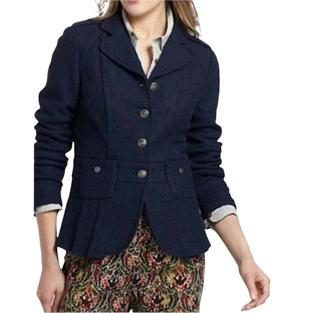 Anthropologie Elevenses‎ Navy Military Pea Coat Jacket Size 6